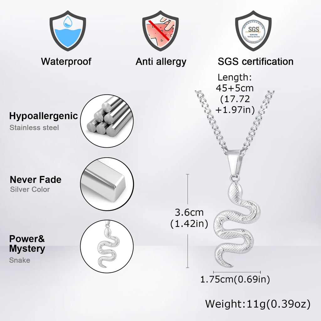 Vnox Simple Hip Hop Stainless Steel Snake Pendant Men's Necklace, Adjustable Cuban Chain, Daily Casual Jewelry Accessories Gifts