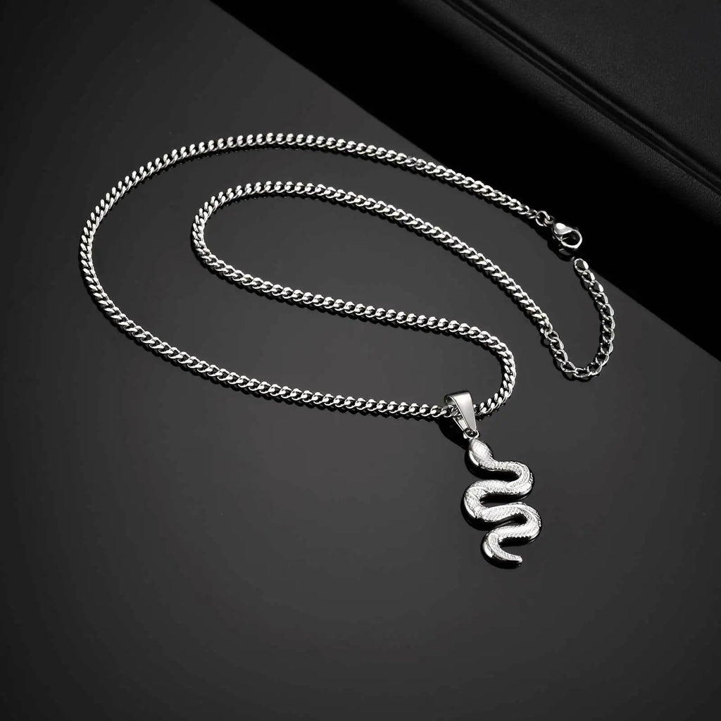 Vnox Simple Hip Hop Stainless Steel Snake Pendant Men's Necklace, Adjustable Cuban Chain, Daily Casual Jewelry Accessories Gifts