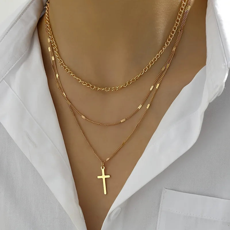 Collier Croix Multi-Rangs – Acier Inoxydable
