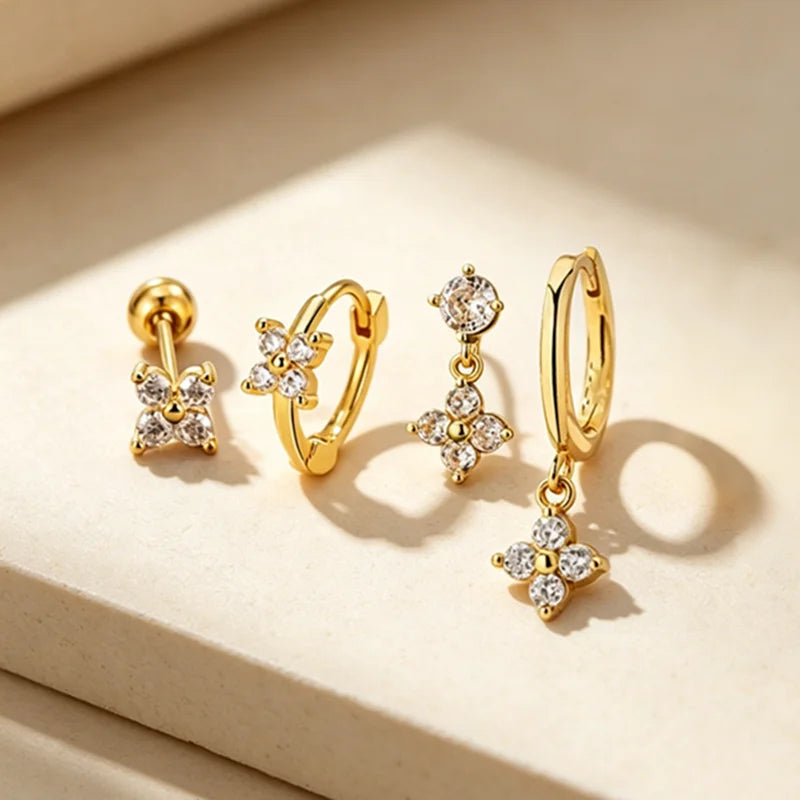 Boucles d’Oreilles Fleurs en Cristal – Lot de 4 Pièces