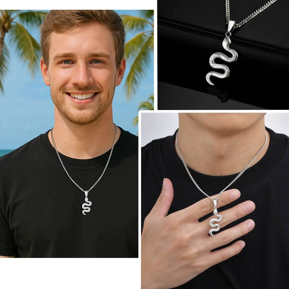 Vnox Simple Hip Hop Stainless Steel Snake Pendant Men's Necklace, Adjustable Cuban Chain, Daily Casual Jewelry Accessories Gifts