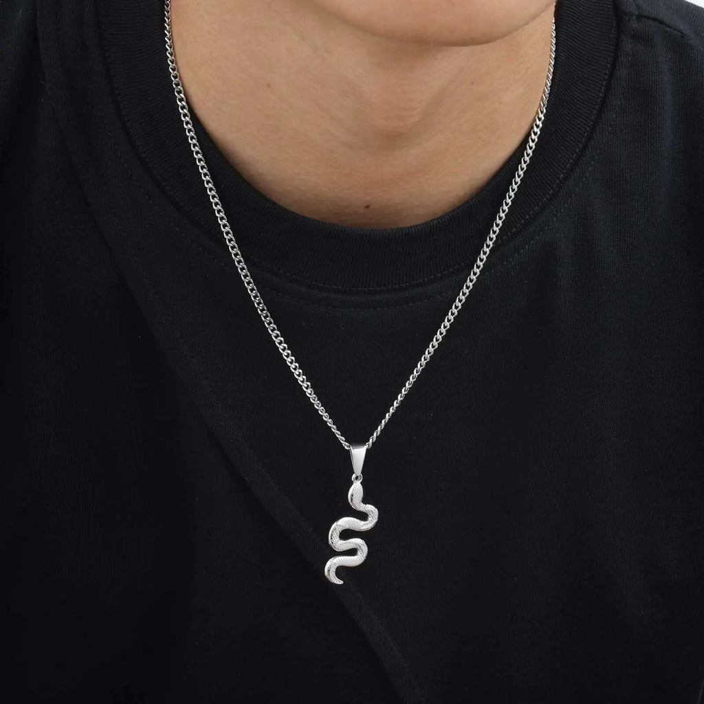 Vnox Simple Hip Hop Stainless Steel Snake Pendant Men's Necklace, Adjustable Cuban Chain, Daily Casual Jewelry Accessories Gifts