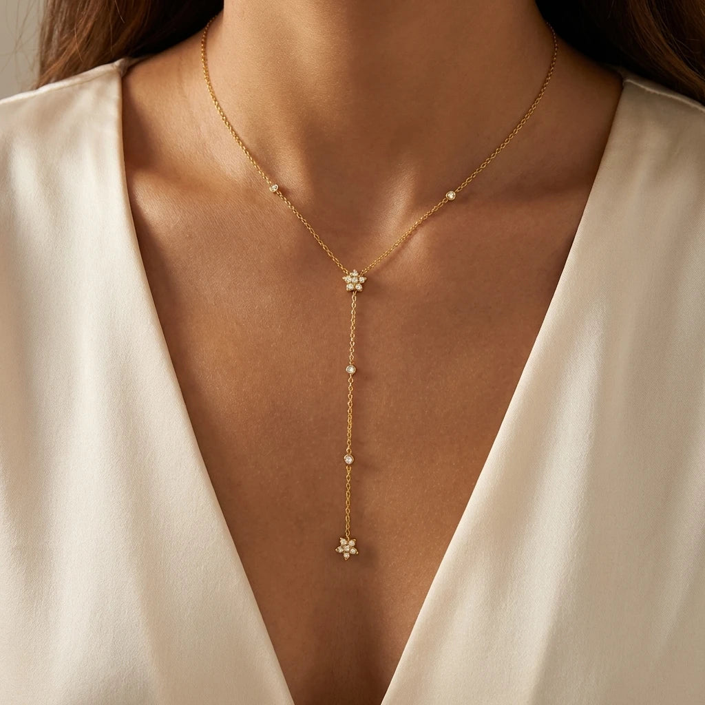 Collier Fleur & Chaîne Longue – Acier Inoxydable