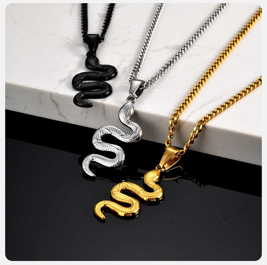 Vnox Simple Hip Hop Stainless Steel Snake Pendant Men's Necklace, Adjustable Cuban Chain, Daily Casual Jewelry Accessories Gifts